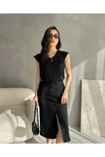 Ensemble deux pièces jupe d'été en tissu Aerobin pour femme avec fente sur le devant