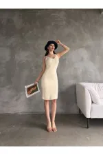 Robe en maille ajourée à bretelles pour femme, couleur crème