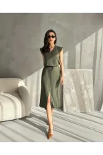 Women's Aerobin Fabric Summer Skirt Two-Piece Set with Front Slit