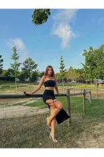 Ensemble deux pièces noir pour femme : jupe en tissu sable avec détails en dentelle