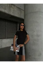 Kadın Sim Şerit Detaylı Kısa Kol Siyah Elbise
