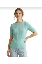 Aqua Green Short Sleeve Crew Neck Slim Fit Women's T-shirt
