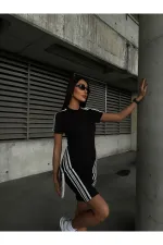 Kadın Sim Şerit Detaylı Kısa Kol Siyah Elbise