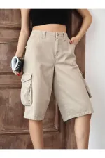 Bej Bermuda Baggy Cargo Kadın Jean Şort