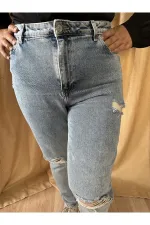 Mavi Kar Yıkama Mom Fit Yırtık Detaylı Jean Pantolon