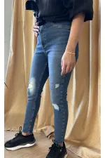 Knee-Length Laser Detail Cut-Out Hem Blue Lycra Denim Jeans (Sizes 34-46)