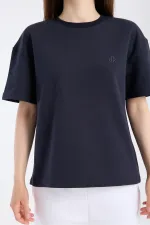T-shirt ample à manches courtes pour femme, tissu épais, bleu marine