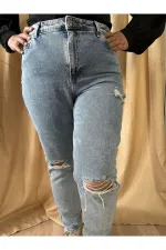 Mavi Kar Yıkama Mom Fit Yırtık Detaylı Jean Pantolon