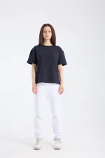 T-shirt ample à manches courtes pour femme, tissu épais, bleu marine