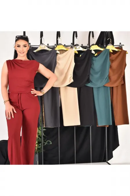 Women's Asymmetrical Neckline Crinkle Fabric Two-Piece Set