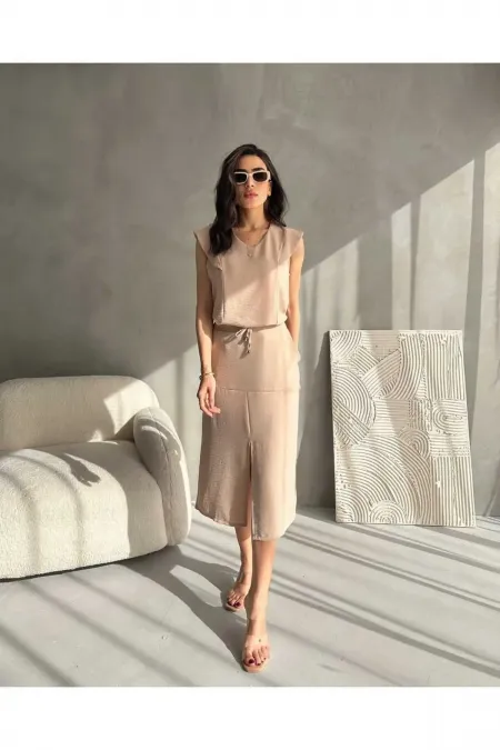 Women's Aerobin Fabric Summer Skirt Two-Piece Set with Front Slit