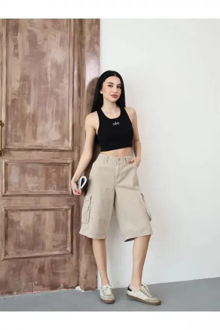 Bej Bermuda Baggy Cargo Kadın Jean Şort