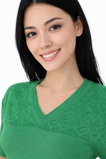 Women's Green V-Neck Thin Knit Blouse, Stylish Summer Casual Knit T-shirt, Sweater