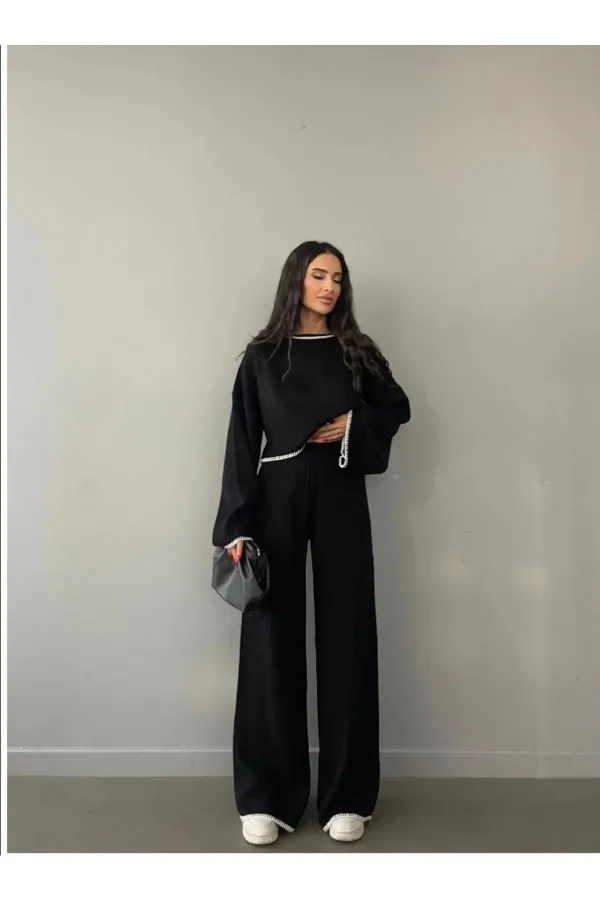 Ensemble en maille côtelée noire pour femme