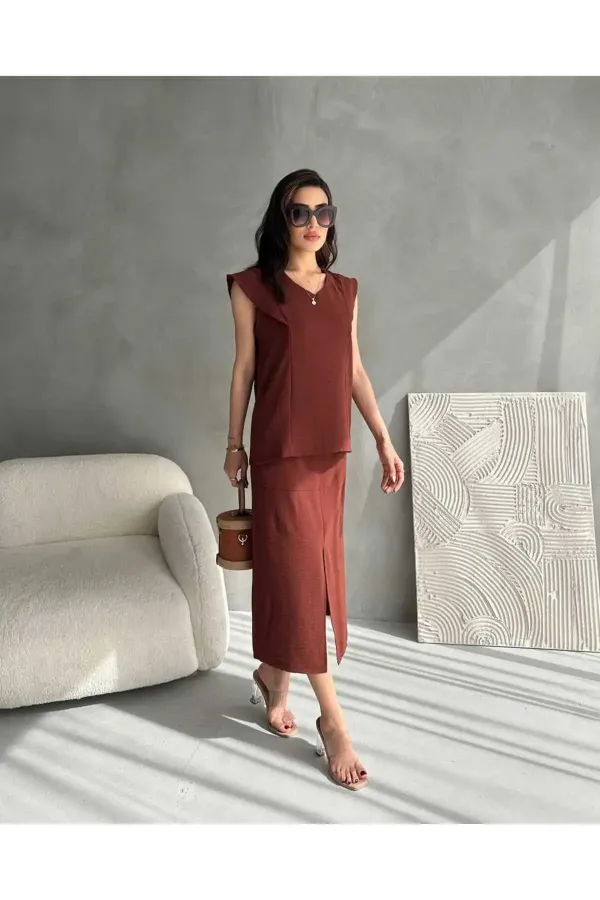 Ensemble deux pièces jupe d'été en tissu Aerobin pour femme avec fente sur le devant