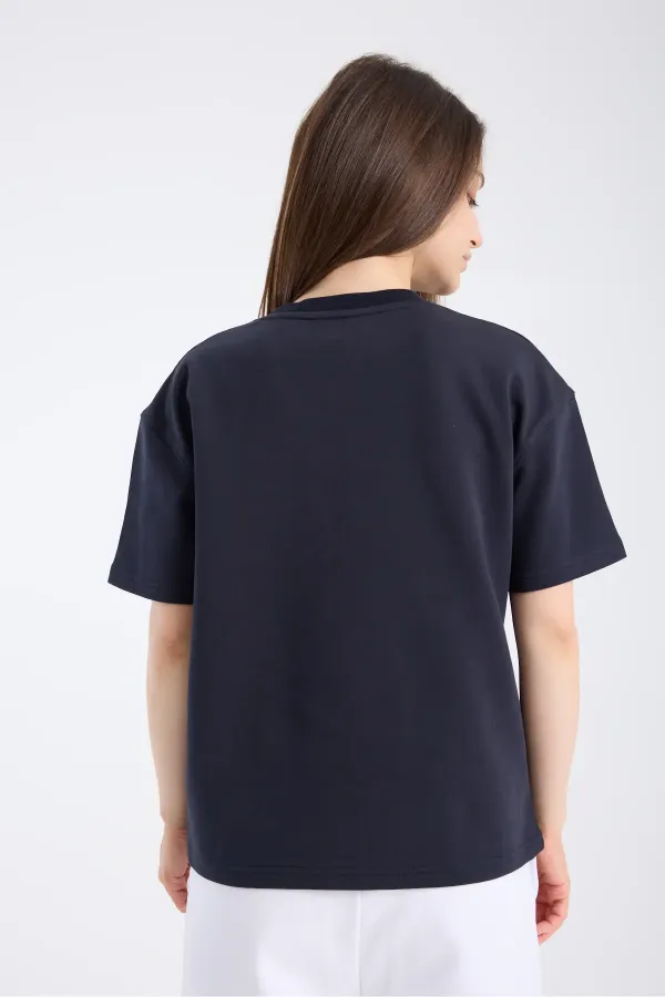 T-shirt ample à manches courtes pour femme, tissu épais, bleu marine