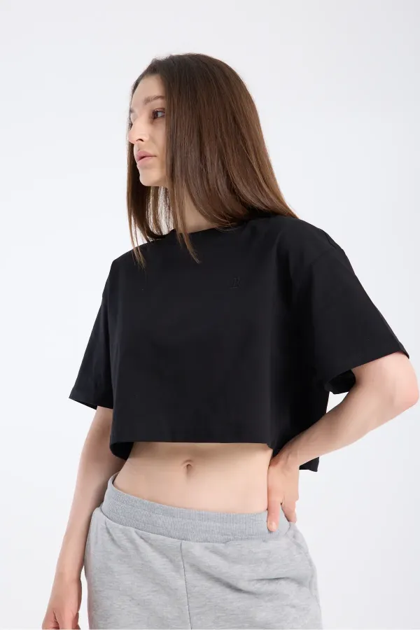 T-shirt court à manches courtes pour femme, noir