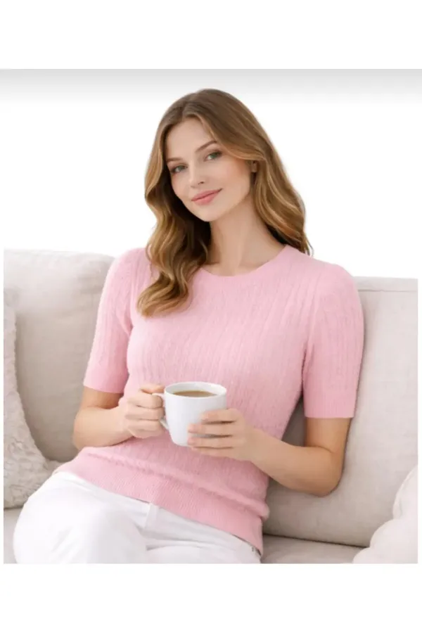 Pink Short-Sleeved Crew Neck Slim Fit Women's T-shirt