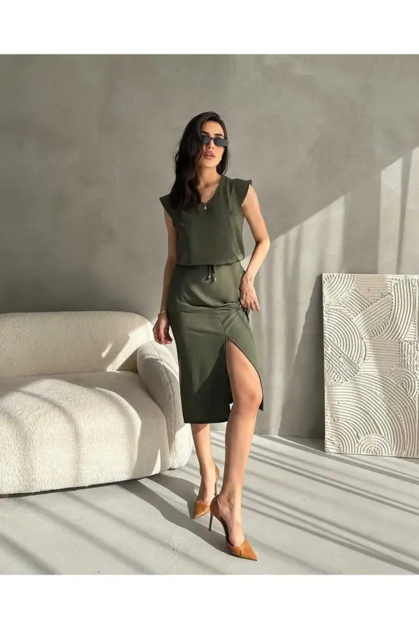 Women's Aerobin Fabric Summer Skirt Two-Piece Set with Front Slit