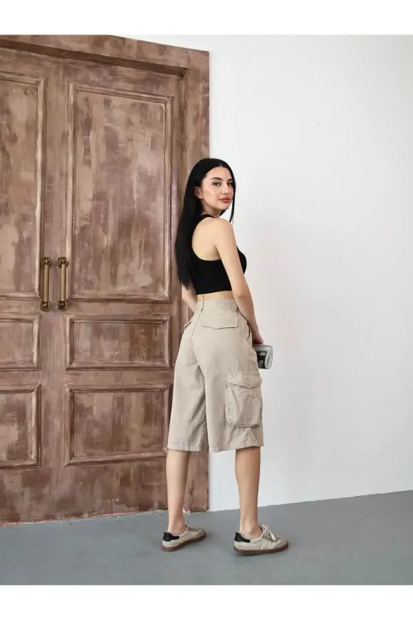 Bej Bermuda Baggy Cargo Kadın Jean Şort