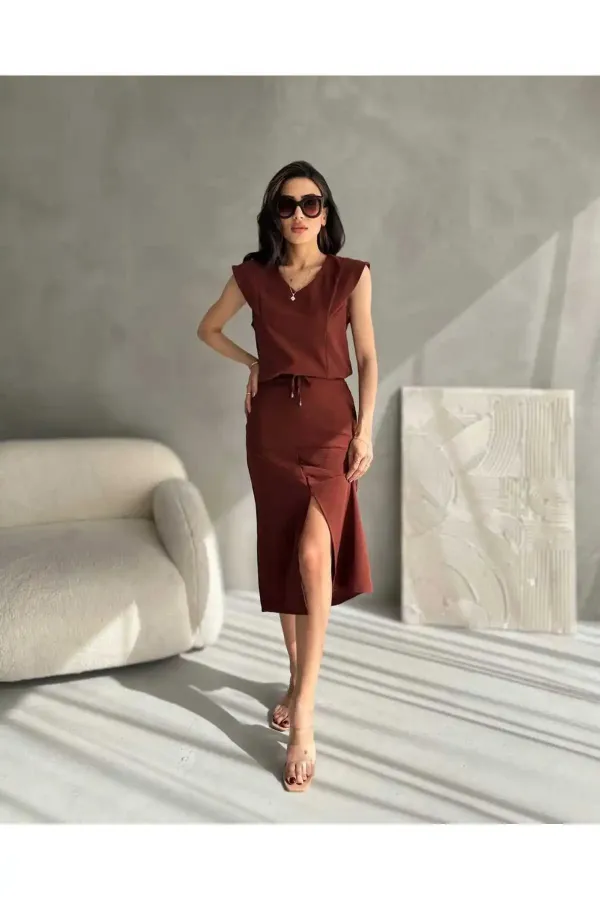 Ensemble deux pièces jupe d'été en tissu Aerobin pour femme avec fente sur le devant