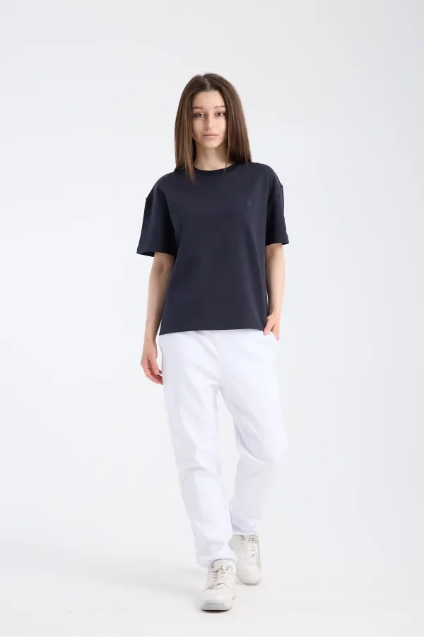 T-shirt ample à manches courtes pour femme, tissu épais, bleu marine