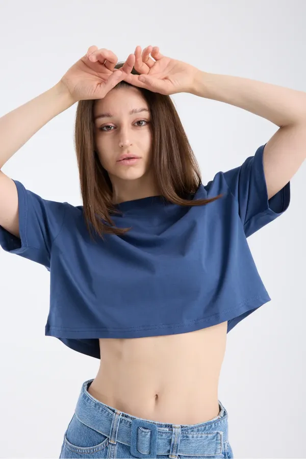 T-shirt court à manches courtes pour femme, couleur indigo