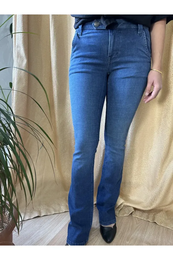 Jean bleu marine à poches évasées en lycra, jambes larges