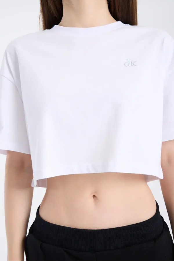 Kadın Crop Yarım kollu T-Shirt Beyaz