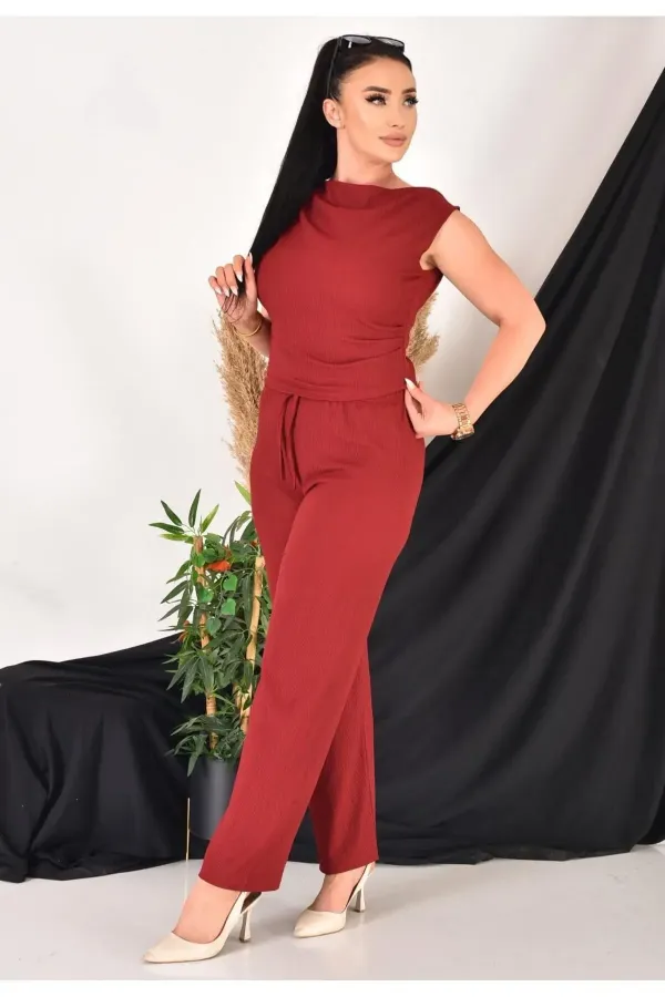 Women's Asymmetrical Neckline Crinkle Fabric Two-Piece Set