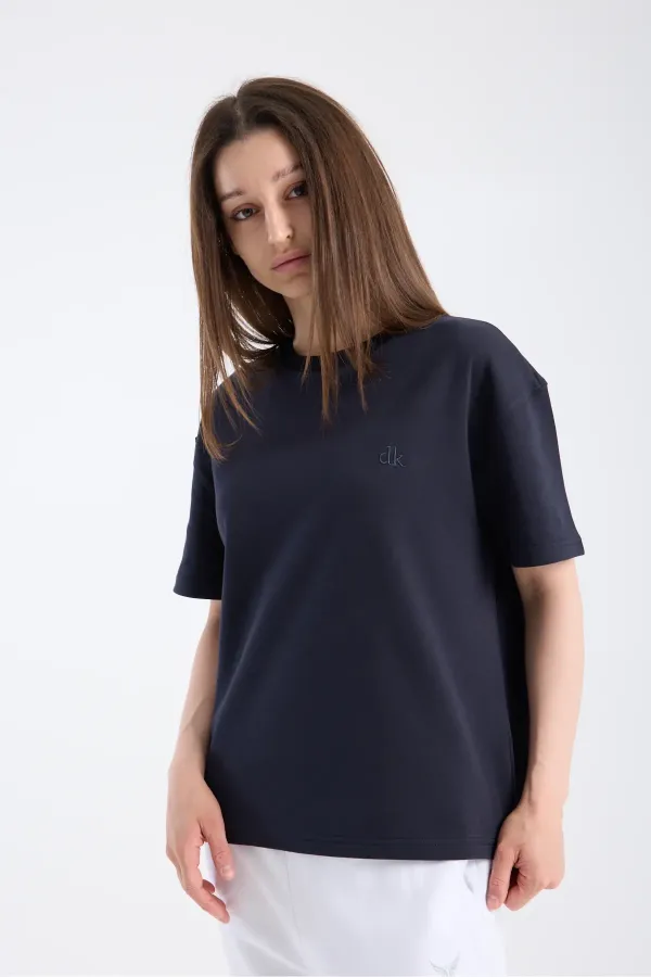 T-shirt ample à manches courtes pour femme, tissu épais, bleu marine