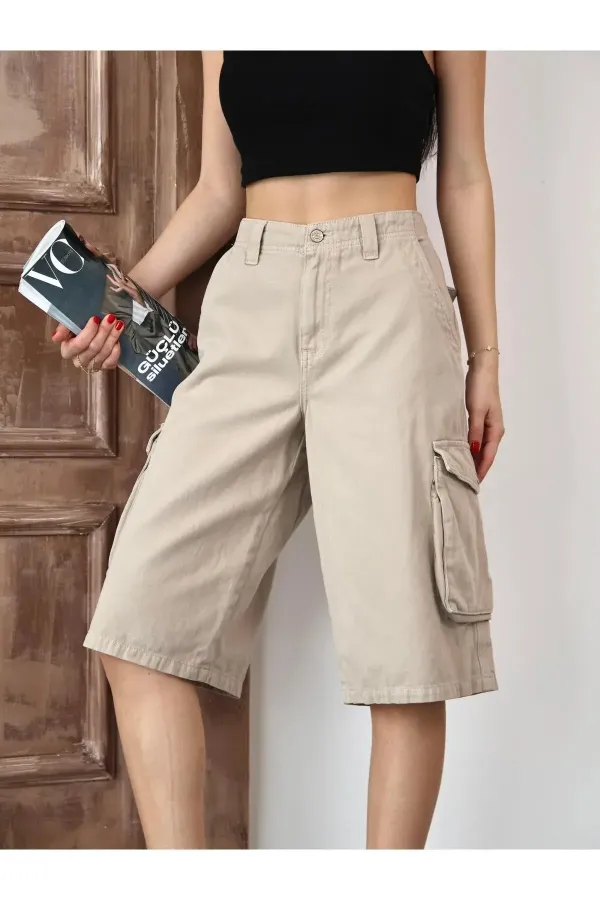 Bej Bermuda Baggy Cargo Kadın Jean Şort