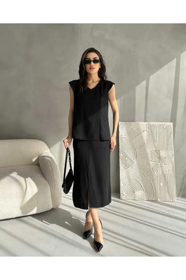 Ensemble deux pièces jupe d'été en tissu Aerobin pour femme avec fente sur le devant