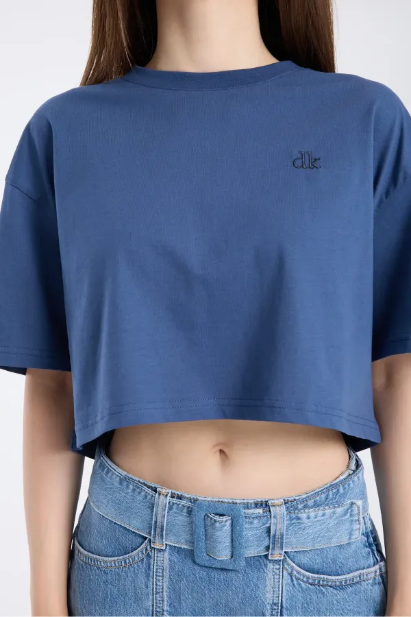 T-shirt court à manches courtes pour femme, couleur indigo