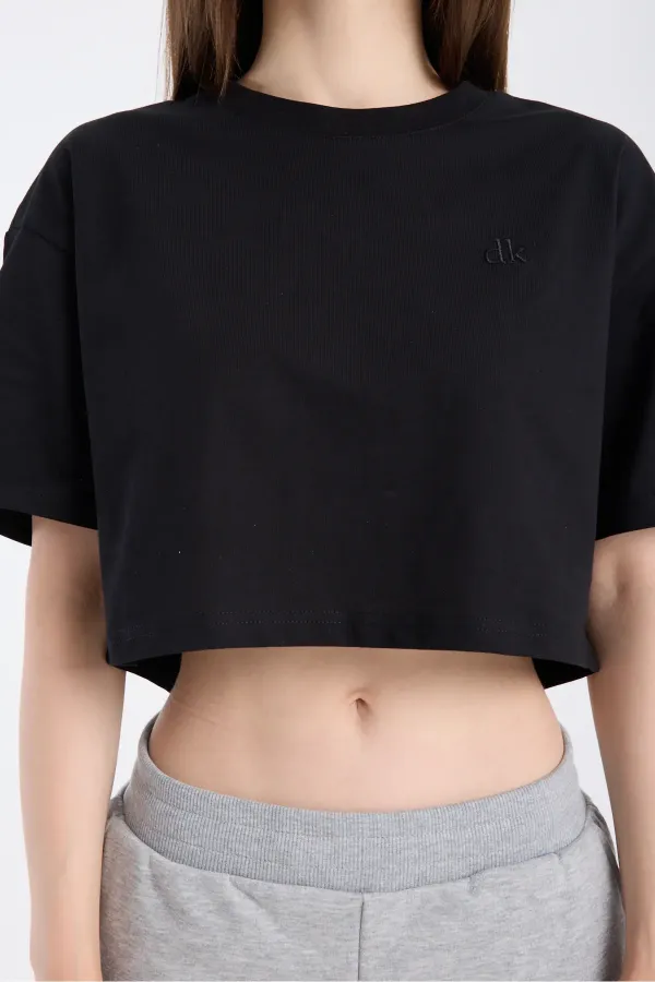 T-shirt court à manches courtes pour femme, noir