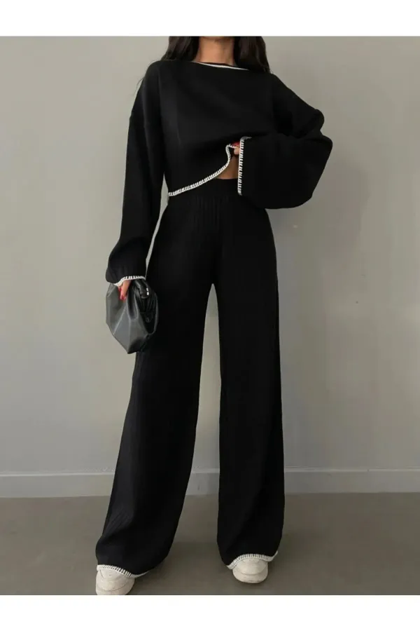 Ensemble en maille côtelée noire pour femme