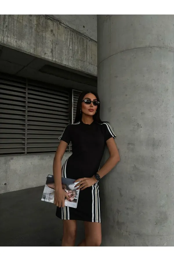 Kadın Sim Şerit Detaylı Kısa Kol Siyah Elbise