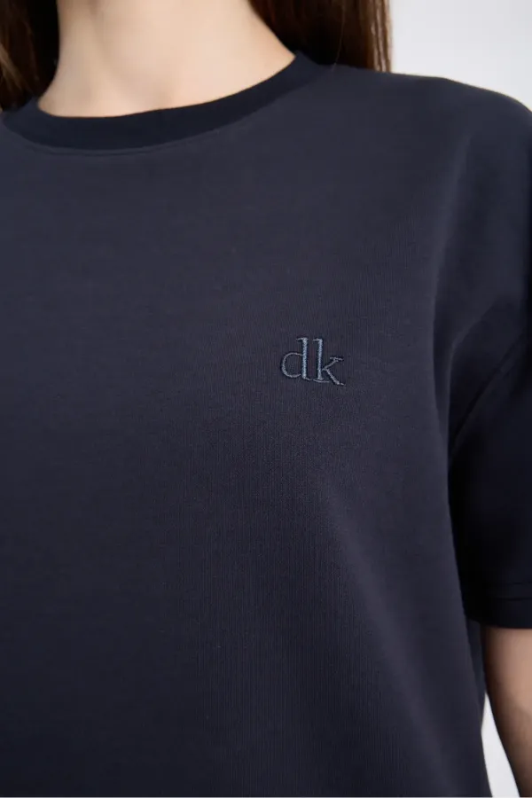 T-shirt ample à manches courtes pour femme, tissu épais, bleu marine