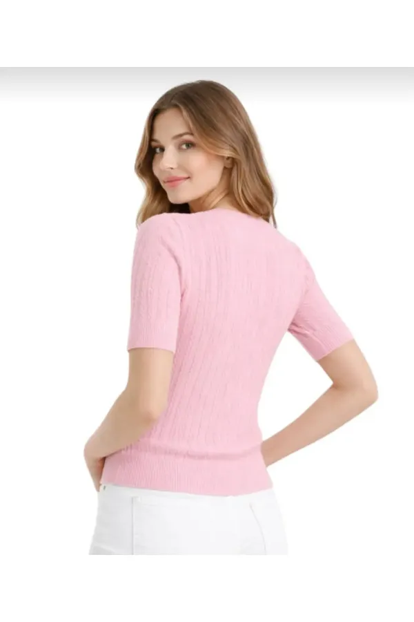 Pink Short-Sleeved Crew Neck Slim Fit Women's T-shirt