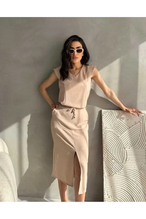 Ensemble deux pièces d'été pour femme, jupe en tissu Aerobin avec fente sur le devant