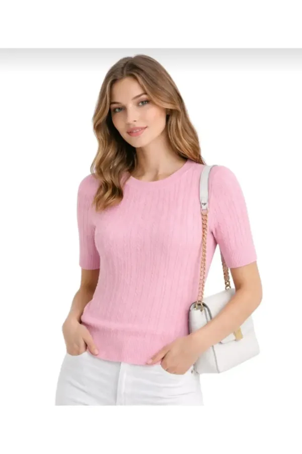 Pink Short-Sleeved Crew Neck Slim Fit Women's T-shirt