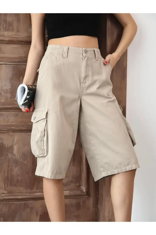 Bej Bermuda Baggy Cargo Kadın Jean Şort