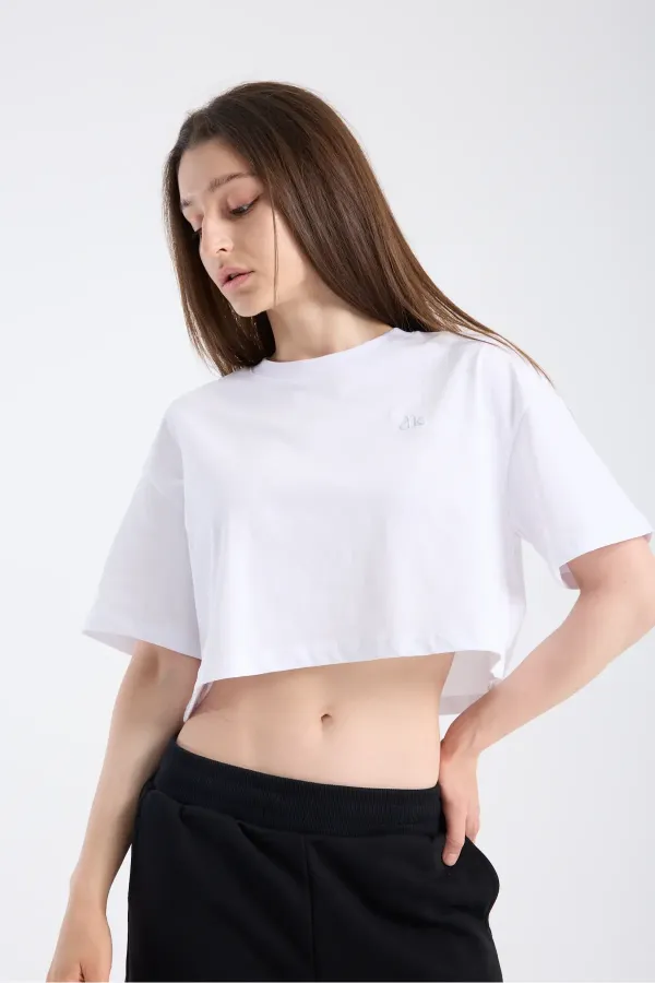 Kadın Crop Yarım kollu T-Shirt Beyaz