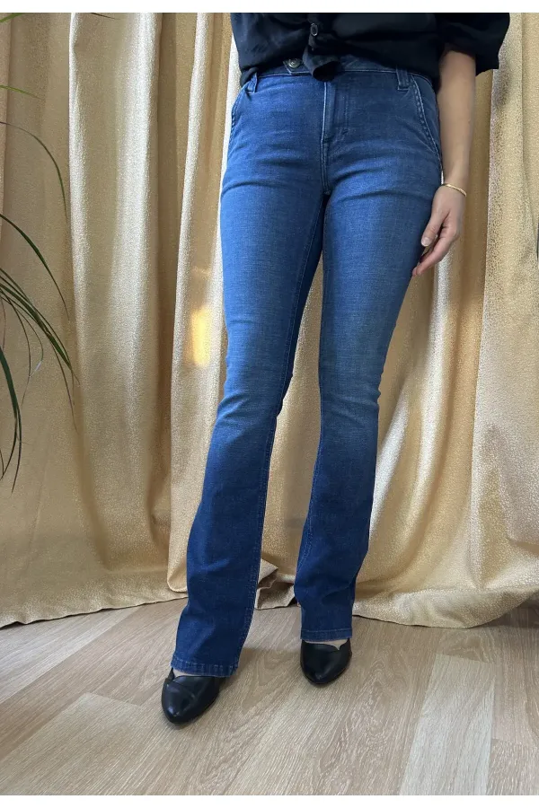 Jean bleu marine à poches évasées en lycra, jambes larges