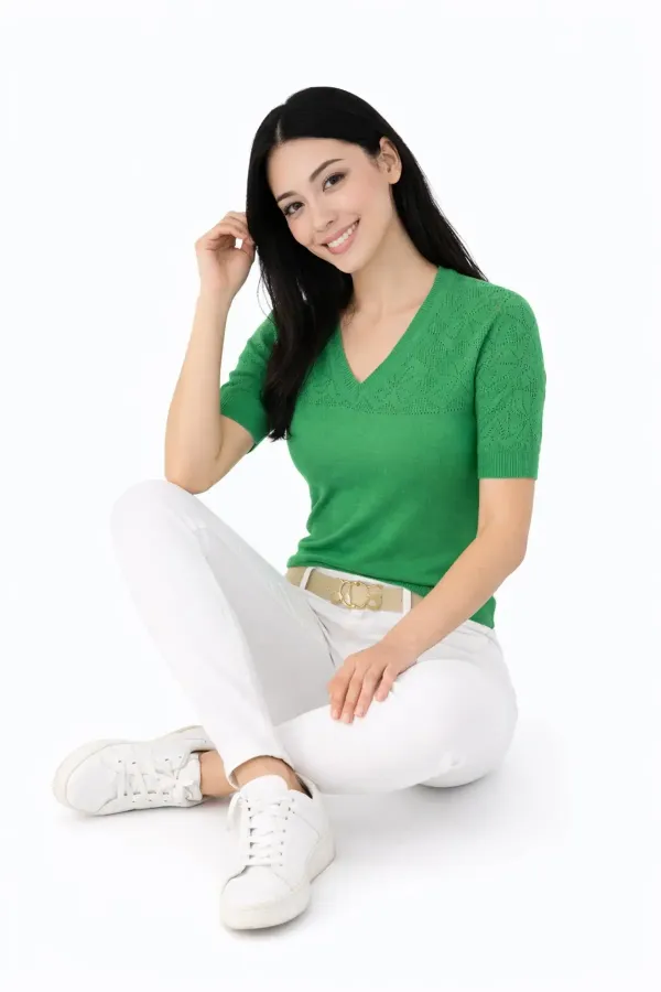 Women's Green V-Neck Thin Knit Blouse, Stylish Summer Casual Knit T-shirt, Sweater