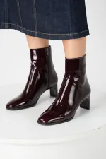 Bottes pour femmes Danila en cuir verni bordeaux, doublure chaude, cuir véritable – Talon épais de 5,5 cm – Semelle en TPU