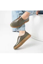 Ariss Khaki Wrinkled Patent Leather Genuine Leather Women's Casual Shoes – Lightweight Flexible Rubber Sole