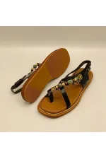 Daphne Black Leather Flat Women's Sandals