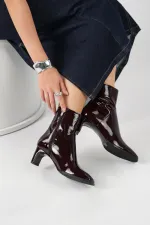 Bottes pour femmes Danila en cuir verni bordeaux, doublure chaude, cuir véritable – Talon épais de 5,5 cm – Semelle en TPU