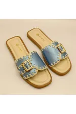 Pantoufles authentiques en cuir bleu pour femmes